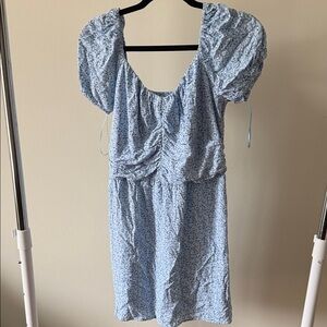 Hollister Light Blue Floral Midi Dress with Puff Sleeves